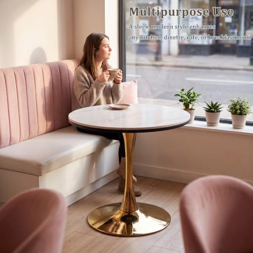 31.5" Round Dining Table, Sintered Stone Tulip Table with Gold Metal Pedestal Base, Modern Leisure Dining Table for Small Space, Kitchen, Dining Room (White and Gold) - color: White and Gold