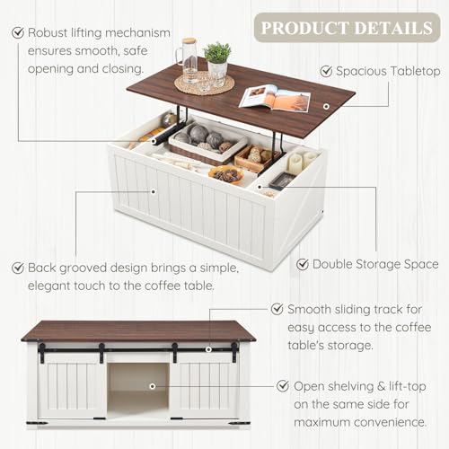 IFGET 48" Lift Top Coffee Table, Farmhouse Cocktai with Sliding Groove Barn Door, Rustic Wood Center Table w/Double Storage Spaces for Living Room, White - color: White