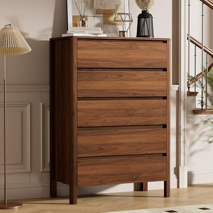 Walnut Dresser for Bedroom, 5 Drawer Dresser with Wood Legs, Tall Wood Dresser, Mid Century Modern Chest of Drawers, Large Storage Bedroom Furniture, Walnut - size: 15.7"D x 31.3"W x 45.6"H (5 Drawers)