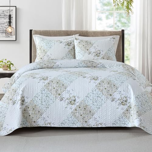HIARUO Quilt Set Queen Size 3 Pieces Floral Patchwork Comforter Bedspread Boho Plaid Coverlet Reversible Lightweight Farmhouse Bedding with 2 Pillow Covers Shams for All Season, Green Purple - color: Green & Purple, size: Queen (90"x90")