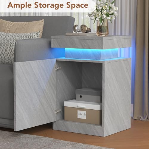 Nightstands Set 2, 17 Inches Modern Bedside Table with LED Lights, LED Night Stand Set of 2, High Gloss Surface, End Table with Storage for Bedroom, Grey - color: Grey-17"