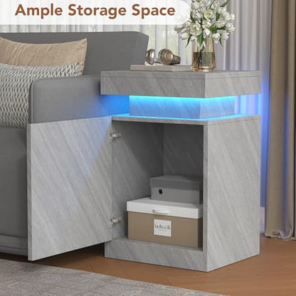 Nightstands Set 2, 17 Inches Modern Bedside Table with LED Lights, LED Night Stand Set of 2, High Gloss Surface, End Table with Storage for Bedroom, Grey - color: Grey-17"