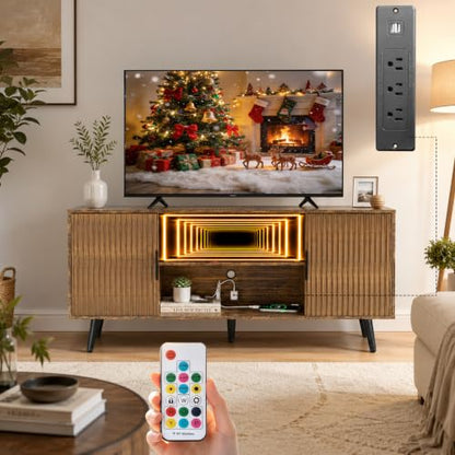 Lightdot 55" Fluted Small Amber TV Stand with Outlet & Fireplace Light | Media Console with Storage, Mid Century Cabinet Fits 55-65" TV, for Living Room/Bedroom/Sofa Cabinet,Easy Assembly - color: Amber-mirror/55"