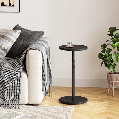 Adjustable Round Side Table, Pedestal Drink Table for Small Spaces | Small End Table, Tall Round Nightstand for Living Room Bedroom Black Wood Grain ET-010BW - color: Black Wood Grain