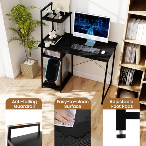 Tangkula Computer Desk with Shelves, Space Saving Home Office Desk with 3-Tier Ladder Shaped Storage Bookshelf, Modern Writing Study Desk with Metal Frame, Compact Computer Workstation (Black) - color: Black