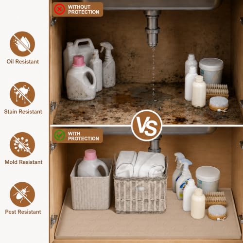 34"x22" Silicone Shelf Liner & Waterproof Under Sink Mat(Beige) | Durable Under Sink Organizer Tray with Raised Edge, Protects Bottom Cabinets & Shelves from Leaks & Cleaning Supplies - color: Beige