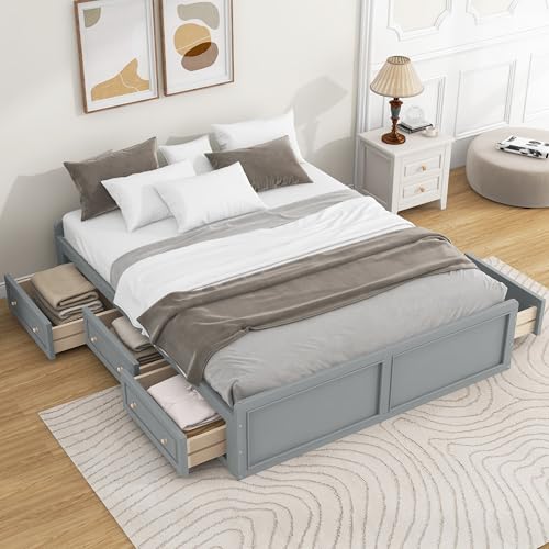 Merax Queen Size Platform Bed with 6 Storage Drawers, No Headboard, Space-Saving Bed Frame for Bedroom, Wooden Slats Support, No Box Spring Needed, Noise Free,Grey - color: Grey
