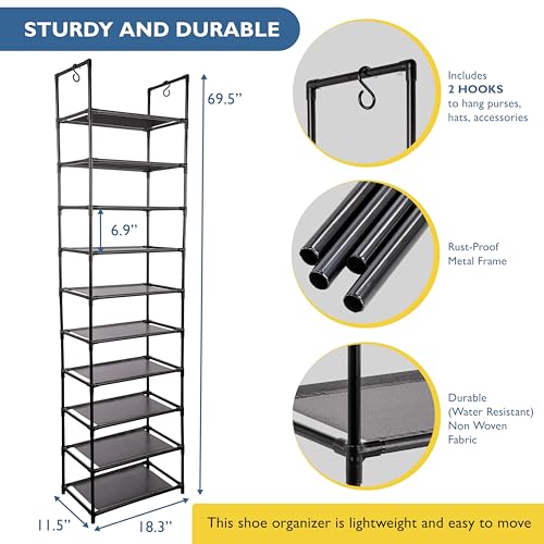 Sundaze Shoe Rack - 10 Tier Tall Shoe Rack for Closet, Sturdy Stackable Shoe Organizer for Closet, Bedroom, Entryway, Garage, Non Woven Fabric Shelf, Black, Holds 20-30 Pairs - size: 10 Tier (18.3" W)