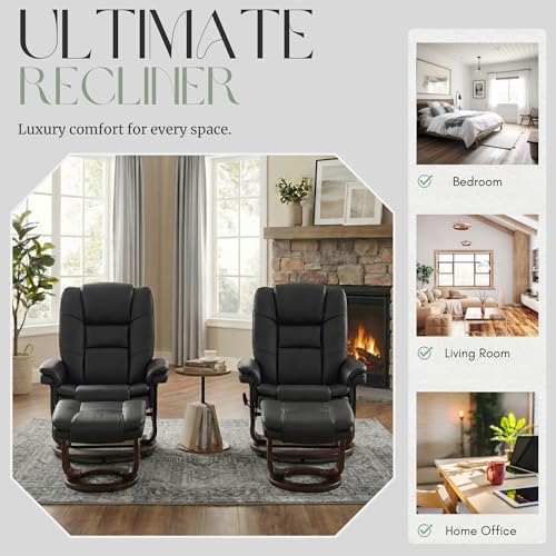 Swivel Recliner Chair with Ottoman Reclining Lounge Sofa Footrest, Set of 2 | 360°Sturdy Wood Base, Soft Faux Leather, Upholstered Ultra-Plush Foam, Modern Armchair, Living Room Bedroom Office Reading - color: Black, size: Set of 2