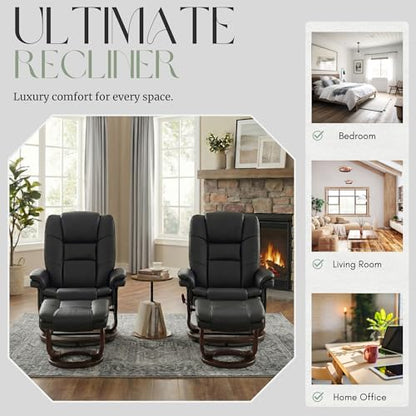 Swivel Recliner Chair with Ottoman Reclining Lounge Sofa Footrest, Set of 2 | 360°Sturdy Wood Base, Soft Faux Leather, Upholstered Ultra-Plush Foam, Modern Armchair, Living Room Bedroom Office Reading - color: Black, size: Set of 2