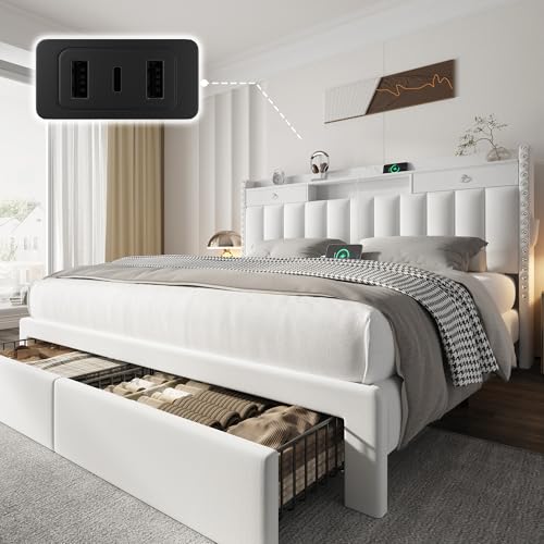 CypBed Queen Bed Frame with Headboard ＆ 4 Storage Drawers & White | Velvet Upholstered Platform Bed Frame with 3 USB & Type-C Charging Ports,Solid Wood Slats,No Box Spring Needed, No-Noise - color: White, size: Queen