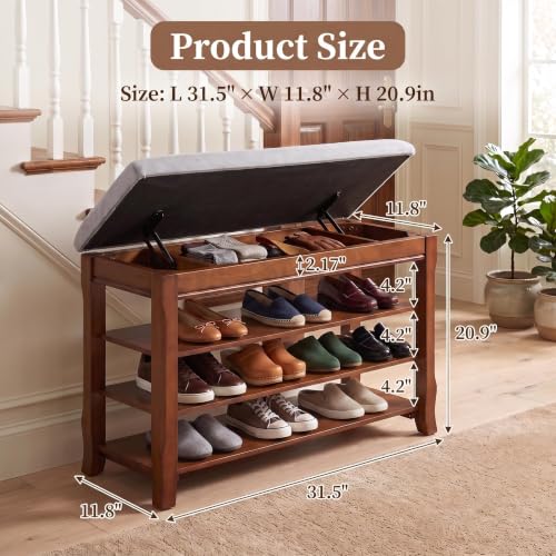 Solid Wood Shoe Rack Bench with Storage, Flip-Top Soft-Close Lid, 31.5” | 550 lbs Max Load, Adjustable Shelves, Cushioned Entryway Shoe Organizer for Closet, Hallway, Foyer - size: 31.5"