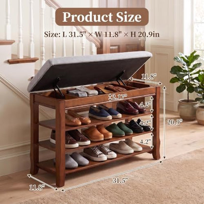 Solid Wood Shoe Rack Bench with Storage, Flip-Top Soft-Close Lid, 31.5” | 550 lbs Max Load, Adjustable Shelves, Cushioned Entryway Shoe Organizer for Closet, Hallway, Foyer - size: 31.5"