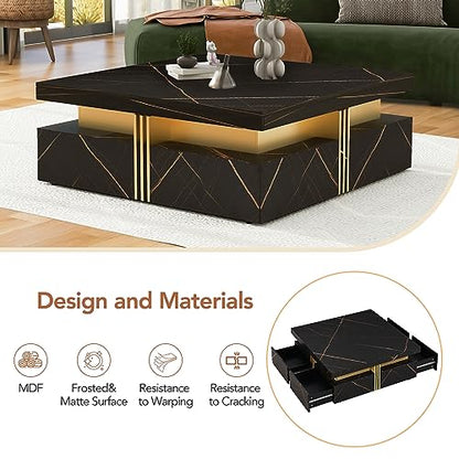 Modern Black Square Storage Coffee Table with 4 Drawers for Living Room - color: Black1