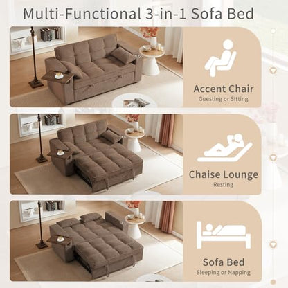 65'' 3-in-1 Folding Convertible Sofa Bed, Queen Size Pullout Sofa, Modern Chenille Fabric, 360° Swivel Side Table, Easy Assembly, Perfect for Living Room - color: Brown-a