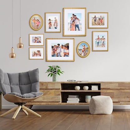 Mixed Gallery Wall Frame Set, (2) 16x20 Inch, (1) 11x14 Inch, and (2) 8x10 Inch, 9 Piece, Brass - color: Brass