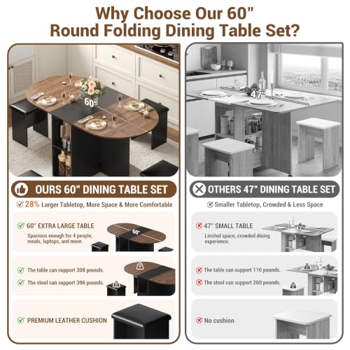 60" Extendable Drop Leaf Dining Table Set with 4 Leather Chairs,Storage,5 Pcs Oval Foldable Kitchen Table and Chairs Set for 4-8 People,6 Wheels,Folding Table Set for Small Space Saving,Walnut - color: Walnut