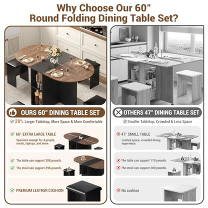 60" Extendable Drop Leaf Dining Table Set with 4 Leather Chairs,Storage,5 Pcs Oval Foldable Kitchen Table and Chairs Set for 4-8 People,6 Wheels,Folding Table Set for Small Space Saving,Walnut - color: Walnut
