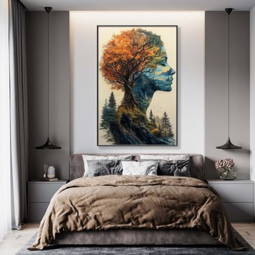 Glethua Abstract Woman Face and Tree Canvas Wall Art, Magical Nature Wall Decor, Mother Earth Spirit Painting, Modern Forest Art Poster for Living Room Bedroom Office Dining Room (Black Framed, 24"x36"/62x92cm) - color: Black Framed, size: 24"L x 36"W
