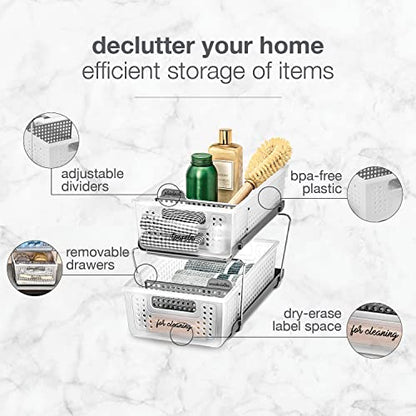 madesmart Two Tier Organizer with Dividers, Frost | pull out bins, tiered access, cleaning supplies, under sink use, pantry bottles, woman owned