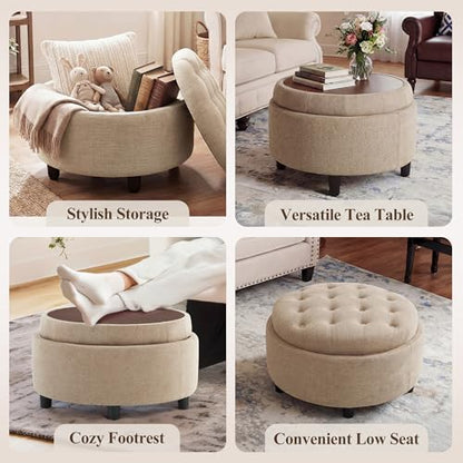 COLAMY Round Hidden Storage Ottoman with Reversible Tray Lid – Multi-Functional Footrest, Sturdy & Stylish Fabric Coffee Table for Living Room, Bedroom, or Entryway, Camel - color: Camel