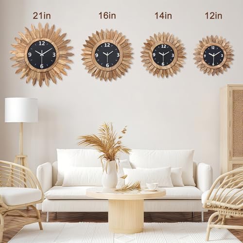 14 Inch Wall Clock, Rustic Wood Boho Sunburst Decorative Wall Clocks Battery Operated Silent Non Ticking Farmhouse Small Wall Clocks for Living Room Kitchen Bedroom Home Decor (Rustic Brown) - color: Rustic Brown, size: 14 inch
