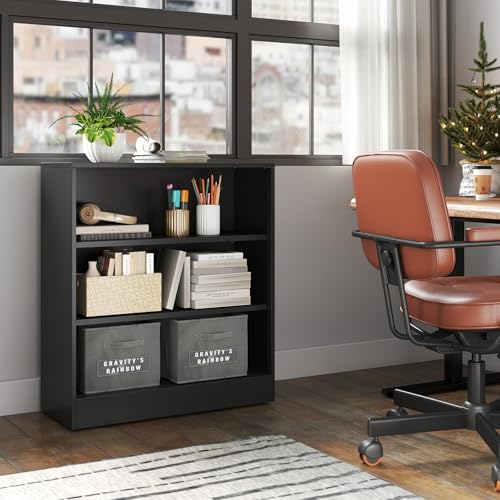 IRONMIX Black Short Bookshelf for Classroom, 3-Tier Metal Bookshcase | Small Bookcase for Small Places, Open Bookshelf with Adjustable Shelves, Cabint Display for Home Office, Library, Living Room - size: 31.5" W-35.5" H - 1 set
