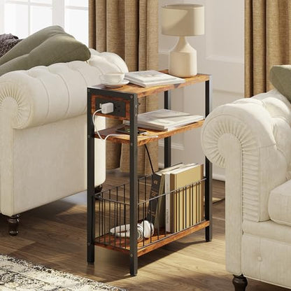 TRIFEBLE Narrow Side Table with Charging Station, Small End Table for Small Spaces, Slim Nightstand with Storage Basket, 3 Tier Skinny Bedside Table for Living Room, Bedroom, Rustic Brown - color: Rustic Brown