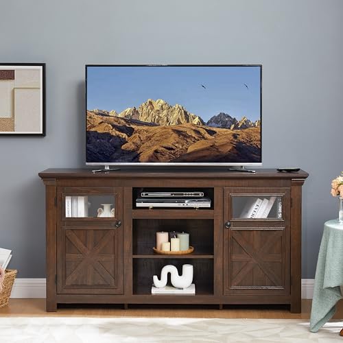 Farmhouse TV Stand 60 in for TVs up to 65 inch, Wood TV Console with 6 Cable Management Holes and Adjustable Shelves for Living Room, Barn Style Media Center with Glass Doors, Espresso - color: Espresso-d-60.23 X 15.35 X 31.70 Inch