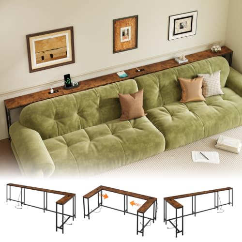 110.2" Narrow Adjustable Console Table with 2 Outlets, 39.3"-51.2" Adjustable Length U Shaped Table Behind Couch, 4 Assembly Options, Extra-Long L Shaped Entryway Tables for Living Room, - color: Rustic Brown