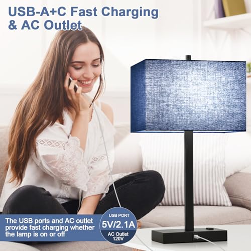 Lynnoland 21" Set of 2 Bedside lamp with USB A+C & AC Outlets, Touch Control 3-Way Dimmable Nightstand Lamps for Bedroom Living Room Office Reading, Blue Shade Touch Lamps, 5000K LED Bulbs Included - color: (2 Pack)Blue Line & Matte Black (Base)-Two 5000K