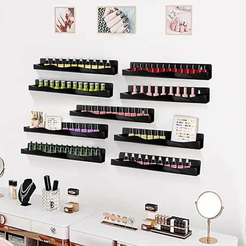 Nail Polish Wall Rack, 6-Shelf 15-Inch Black Acrylic Nail Polish Shelves with Removable Ends – Multi-Purpose Shelf for Essential Oils, Cosmetics Storage and Display for Salons and Bathrooms - color: Black