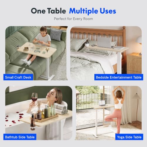 FLEXISPOT H7 32" Pneumatic Height-Adjustable Overbed Table with Wheels | C-shaped bedside table TV Tray,Medical End Side Table,Laptop desk for sofa and home office use,31.5"W x 17.7"D,White Wood - color: White Wood Grain, size: Large