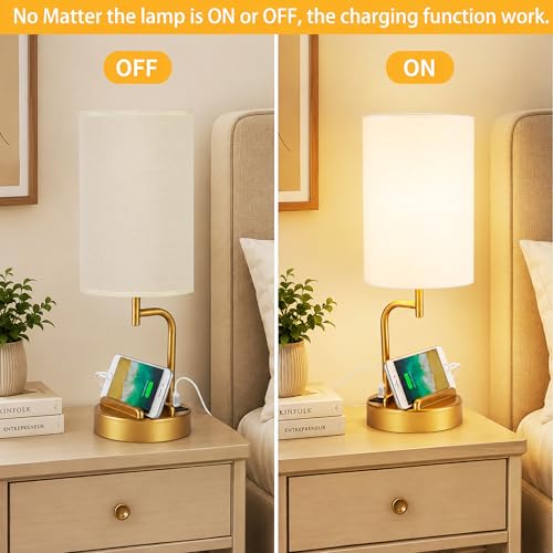 Dreamholder Touch Control USB Table Lamp with USB C/A & AC Outlet, 3-Way Dimmable Bedside Lamp, Modern Nightstand Lamps for Bedroom Living Room Guest Room Office, Bulb Included, Gold - color: Gold