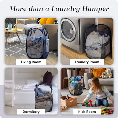 Handy Laundry Collapsible Mesh Pop Up Laundry Hamper 2-Pack – Large Foldable Laundry Basket with Side Pocket, Breathable & Durable, Space-Saving for Clothes, Toys, Travel, Dorm, Bedroom, Blue - color: Blue, 2-PACK