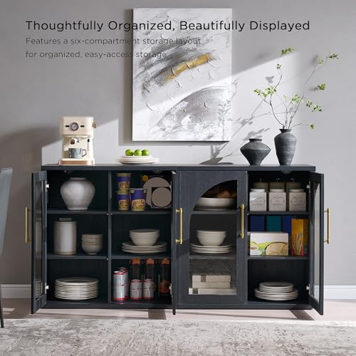 Glass Arched Door Sideboard Buffet Cabinet Set of 2, Black | Modular, Multi-Compartment Storage, Adjustable Shelf, Soft Close Hinges, Freestanding, for Dining Room, Living Room - color: Black