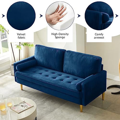 67" Modern Velvet Loveseat Sofa Couch, Mid-Century Tufted Upholstered Small Love Seat Couch with 2 Pillows & 4 Golden Legs, 2-Seats Couches for Compact Space, Living Room, Apartment (Navy) - color: Navy