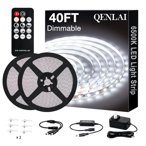 40ft White LED Strip Lights with Remote, 6500K Dimmable 12V LED Light Strip, 720 LEDs Flexible Cuttable Tape Lights for Bedroom Kitchen Cabinet Ceiling Lighting - size: 40ft-White Light Strip