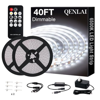 40ft White LED Strip Lights with Remote, 6500K Dimmable 12V LED Light Strip, 720 LEDs Flexible Cuttable Tape Lights for Bedroom Kitchen Cabinet Ceiling Lighting - size: 40ft-White Light Strip
