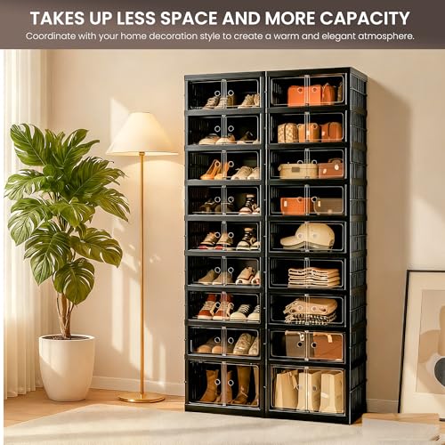 Foldable Shoe Organizer Storage Box, Portable Extra Large Folding Shoe Rack for Closet, Shoe Storage Box with Magnetic Transparent Door and Wheels, 9 Layers 18 Grids with 2 Big Grids - size: Black 9 Layers-B