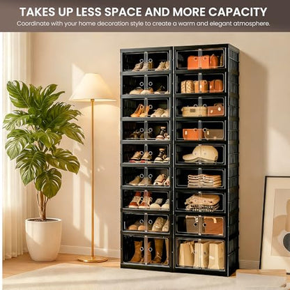 Foldable Shoe Organizer Storage Box, Portable Extra Large Folding Shoe Rack for Closet, Shoe Storage Box with Magnetic Transparent Door and Wheels, 9 Layers 18 Grids with 2 Big Grids - size: Black 9 Layers-B