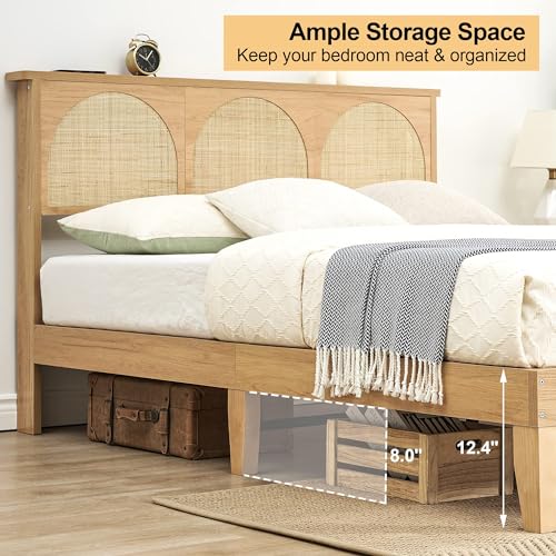 GAOMON Queen Bed Frame with Natural Rattan Headboard, Queen Size Platform Bed Frame with LED Lights and Rattan Headboard, Wooden Support Legs, No Box Spring Needed, Easy Assembly