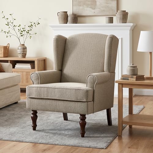 HUIMO Printed Wingback Accent Chair, Linen Upholstered High Back Armchair, Comfy Reading Chair for Living Room Bedroom Study, 300lbs Weight Capacity (1, Brown with Lines) - color: Brown With Lines