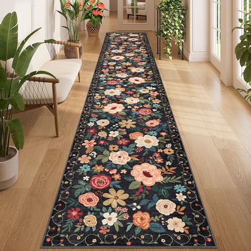 DUKINO 2x12 Washable Runner Rug, Non Slip Long Kitchen Runner Rug, Black | Floral, Low Pile, Soft Indoor Rug Runner for Hallway, Entryway, Bedroom, Bathroom, Laundry, Pet Friendly, Modern Home Decor - color: Black, size: 2' x 12' (Rectangular)