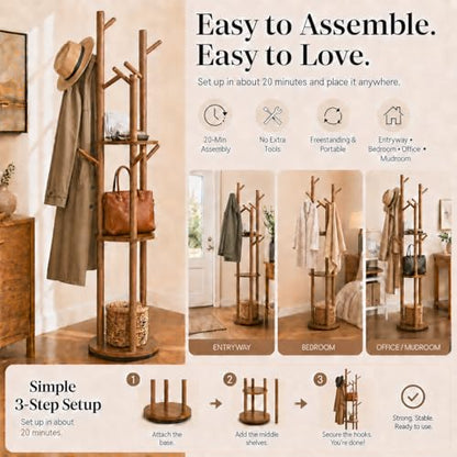 Solid Wood Rotating Coat Rack Freestanding, 360° Coat Tree with 3 Shelves & 9 Hooks, Heavy Duty Rubberwood Coat Hanger Stand, Hat Rack Hall Tree for Entryway Bedroom Office Hallway, Walnut