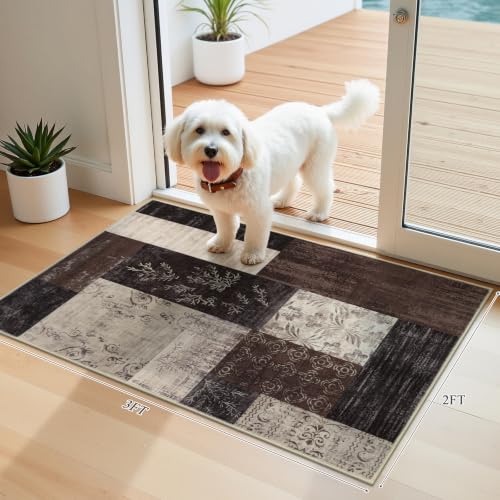 Washable 2x3 Entryway Rug, Non Slip Door Mat for Front Door, Low Profile Indoor Doormat, Stain Resistant Small Area Rug, Modern Geometric Entry Rug for Porch - color: Brown, size: 2' x 3' (Rectangular)