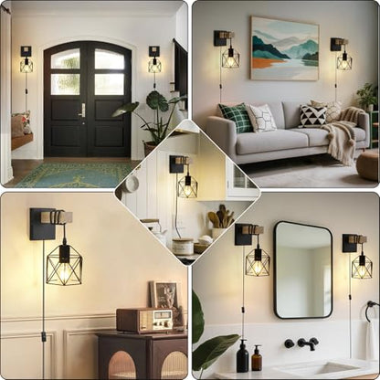 Lightess Farmhouse Plug in Wall Sconces Lamps for Bedroom Set of 2 | Easy Plug In Installation Without Wiring Work Industrial Wall Lights Metal Cage Lampshade Black Wall Mounted for Living Room - size: plug in