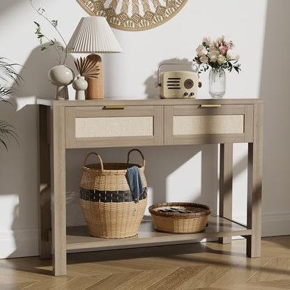 Boho Chic Console Table with 2 Rattan Drawers and Open Shelf Storage, Narrow Farmhouse Sofa Table for Small Space Entryway, Living Room,Hallway, Caramel Oak - color: Caramel Oak