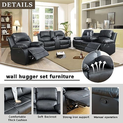 A Ainehome Living Room Furniture Set Leather Recliner Sofa Set Loveseat Chair Furniture Sofa Set for Living Room/Small Space/Rv/House/Office/Theater Seating (A-Black Leather, 3 Piece Set) - color: A-black Leather, size: 3 piece set