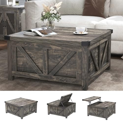 jimeimen Farmhouse Lift Top Coffee Table with Storage, Wood Square Center Table with Charging Station&USB Port, Living Room Table w/Large Hidden Space, for Living Room, Bedroom, Home Office, Dark Grey - color: Dark Grey